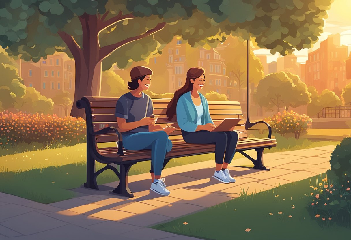 Two best friends enjoying a peaceful moment on a park bench.