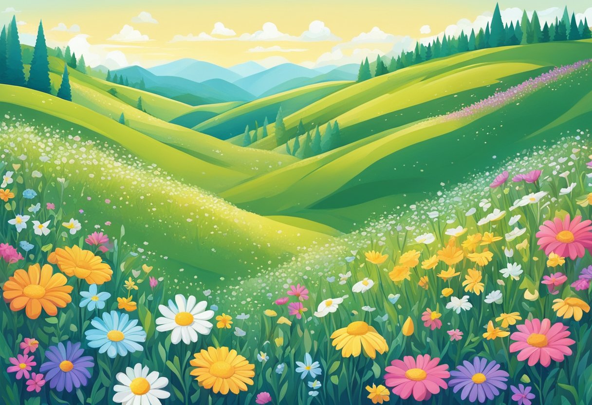 A summer landscape with flowers and mountains.