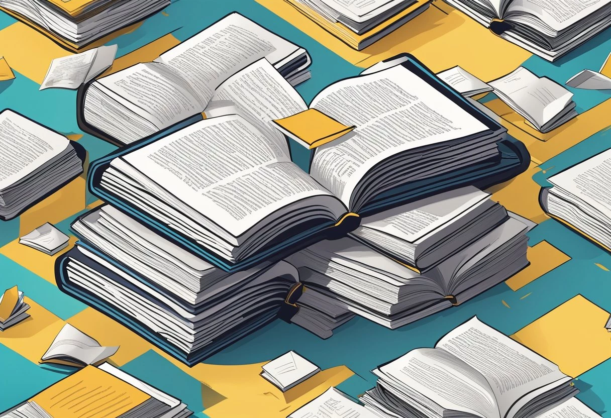 An illustration of a stack of books on a blue background.