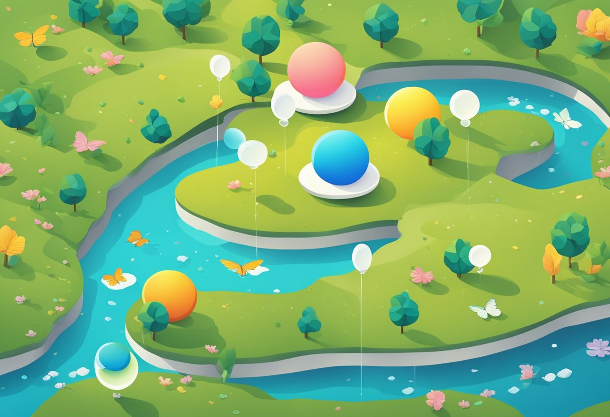 An isometric illustration of easter eggs and a river with a calming vibe.