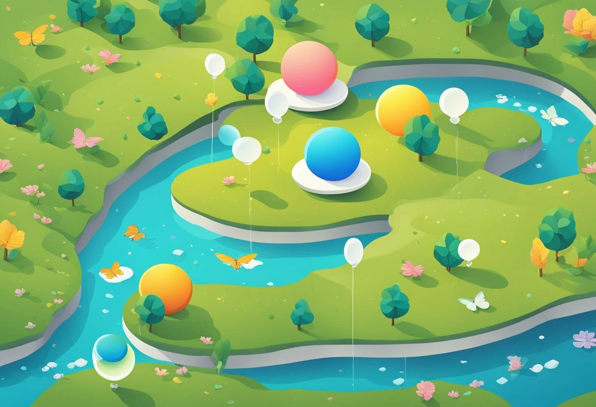 An isometric illustration of easter eggs and a river with a calming vibe.