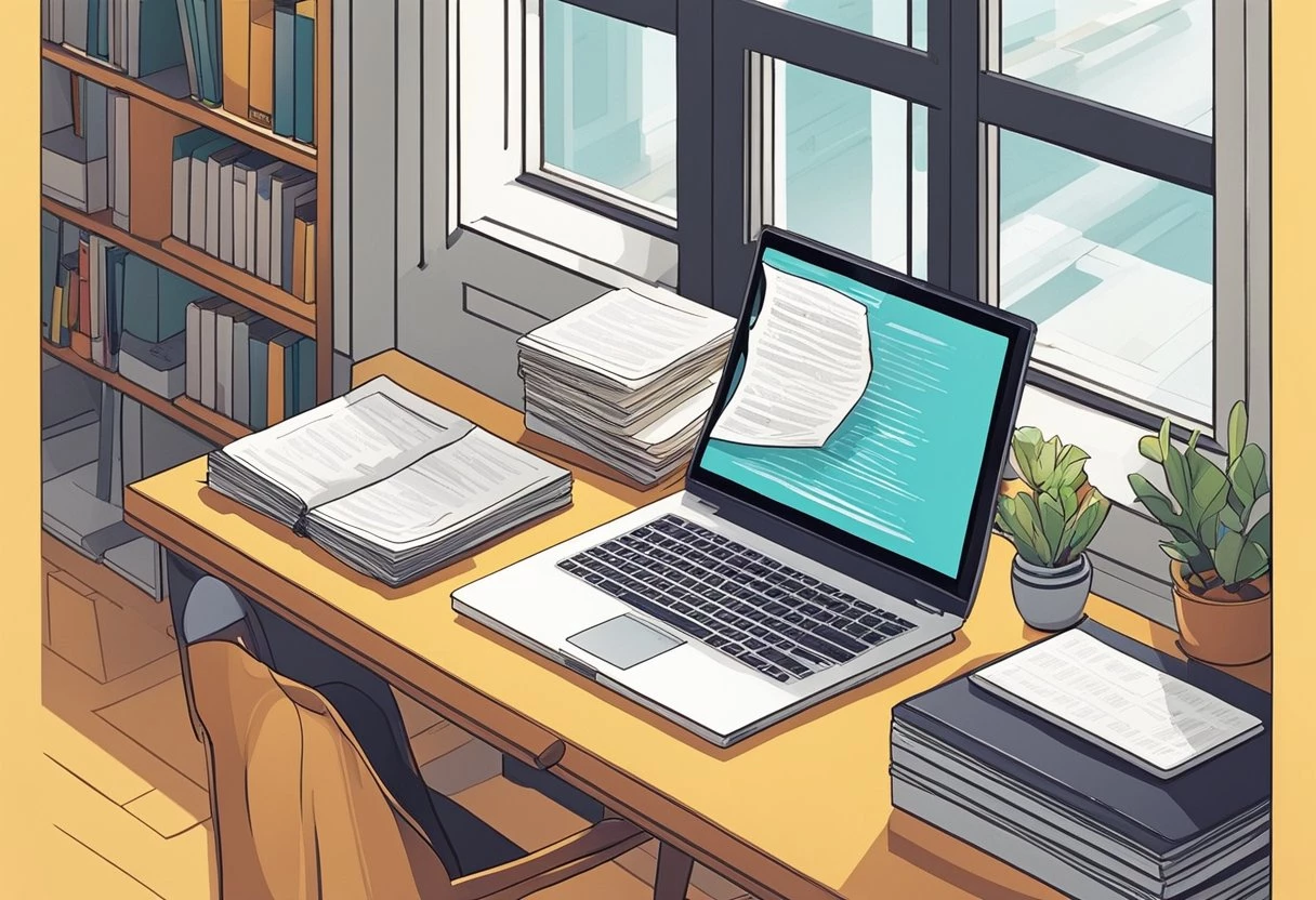 An illustration of a desk with books.