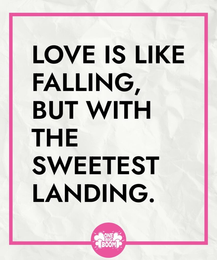 Inspirational quote on a crumpled white background: "love is like falling, but with the sweetest landing.
