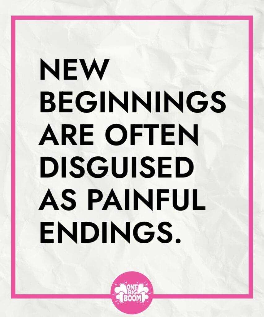 Inspirational quote on a crumpled paper background: "new beginnings are often disguised as painful endings.