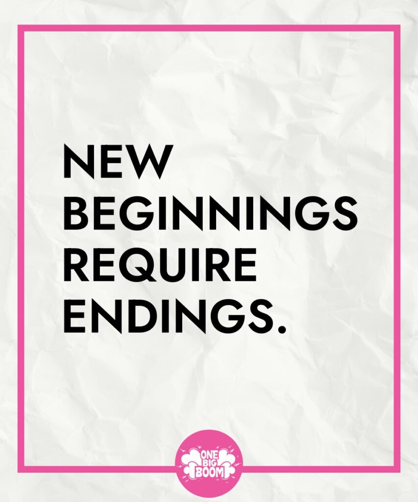 Inspirational quote on a crumpled paper background: "new beginnings require endings.
