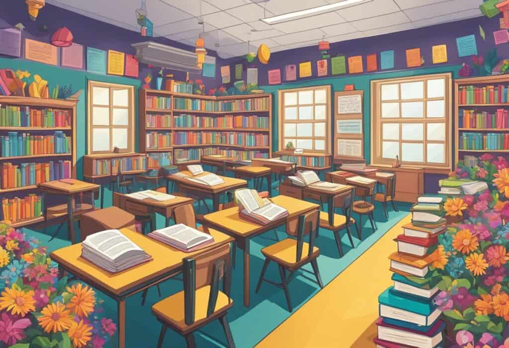 Colorful, flower-filled classroom with open books on desks and bookshelves lining the walls.