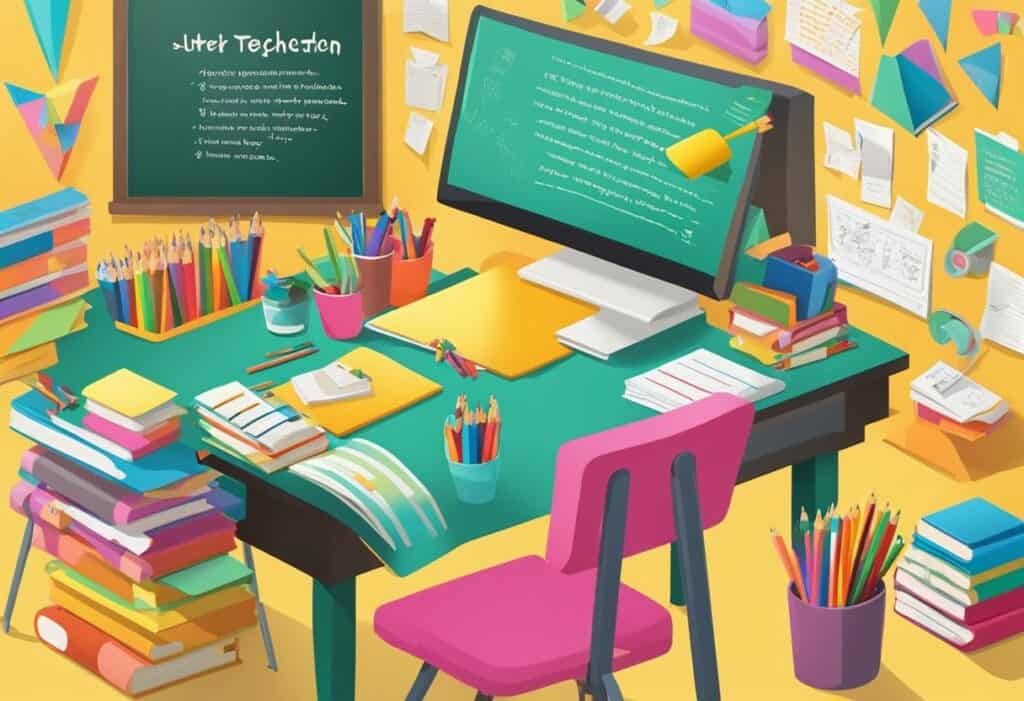 A colorful illustration of a busy and cluttered study desk with books, stationery, and a chalkboard in the background.