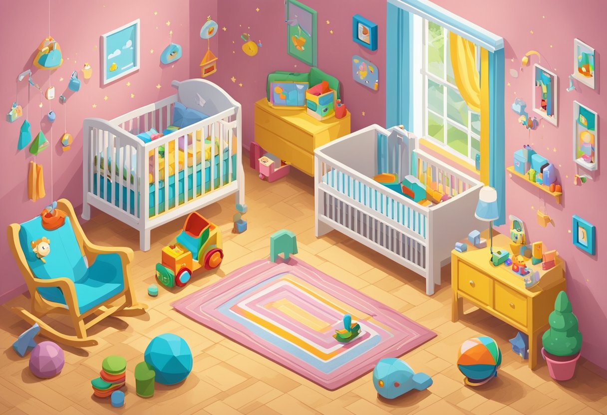A baby's room with colorful toys scattered on the floor, a mobile hanging above the crib, and a cozy rocking chair in the corner