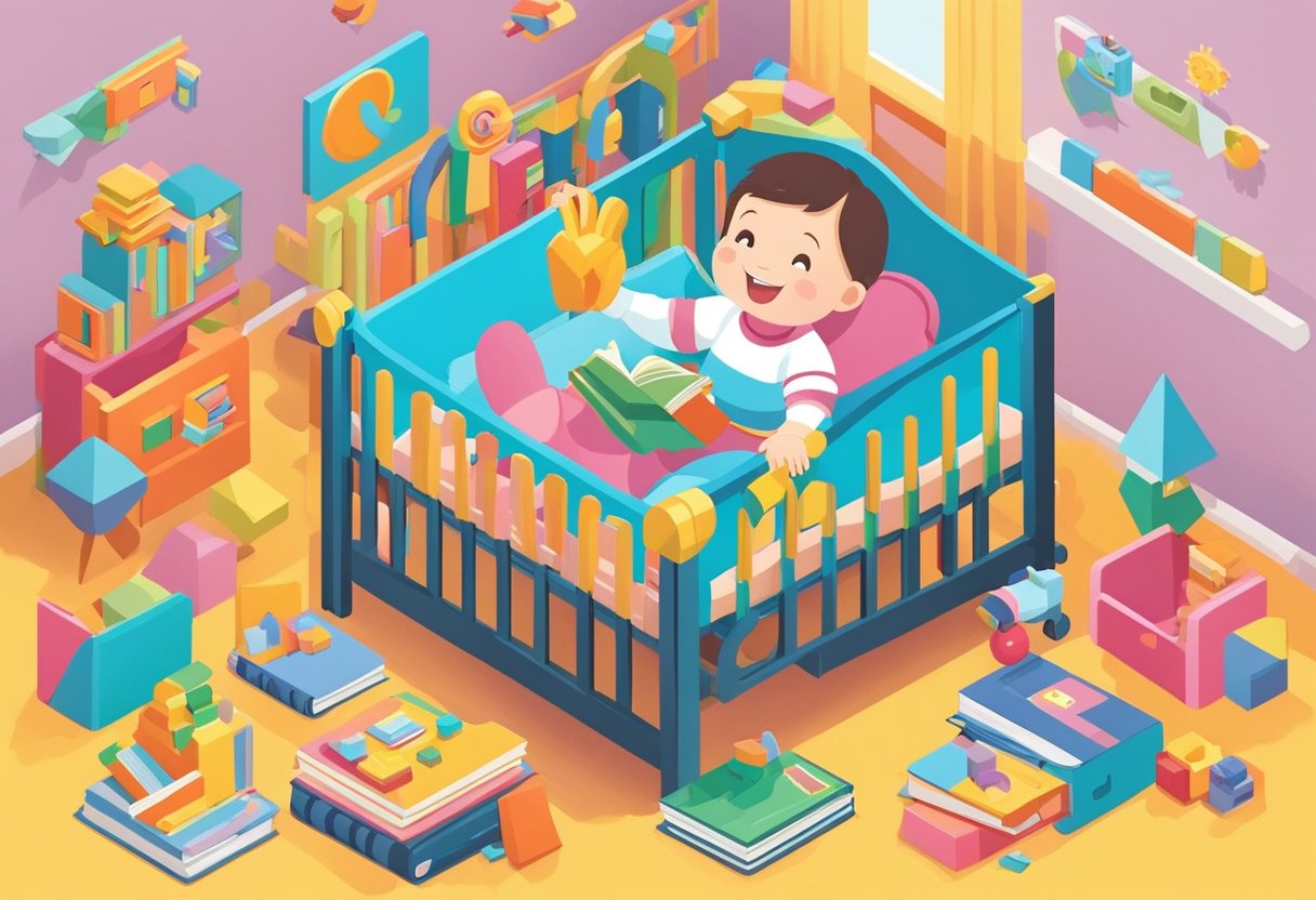 A smiling baby surrounded by toys and books, reaching out to touch a colorful mobile above their crib