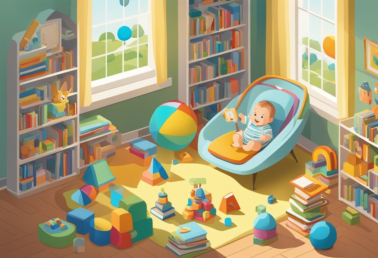 A smiling 5-month-old baby surrounded by toys and books, with a colorful mobile hanging above. Sunlight streams through a nearby window, casting a warm glow on the scene