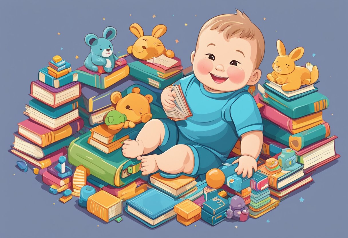 A baby happily sitting on a stack of books.