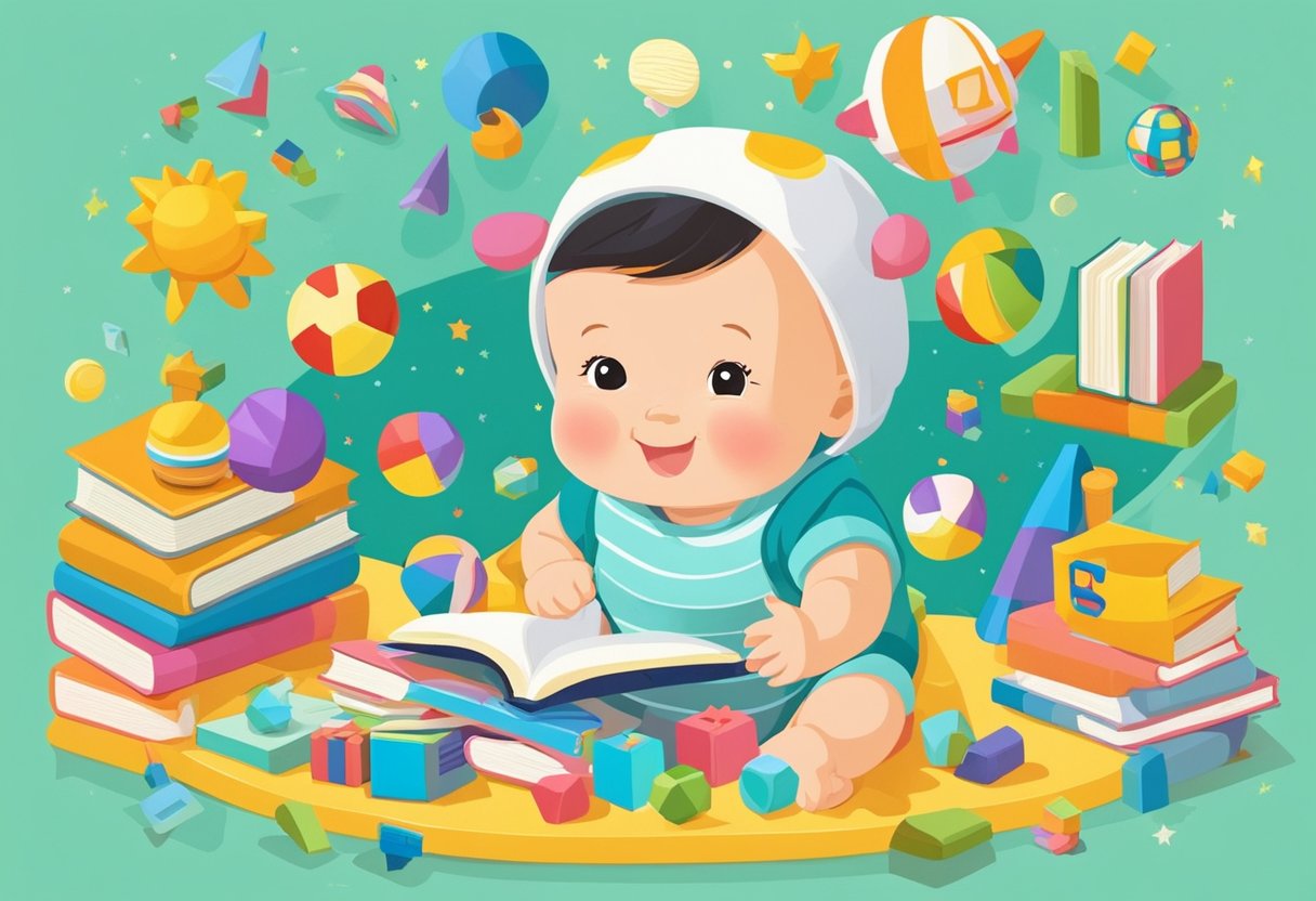 A smiling 9-month-old baby surrounded by colorful toys and books, gazing curiously at the world around them