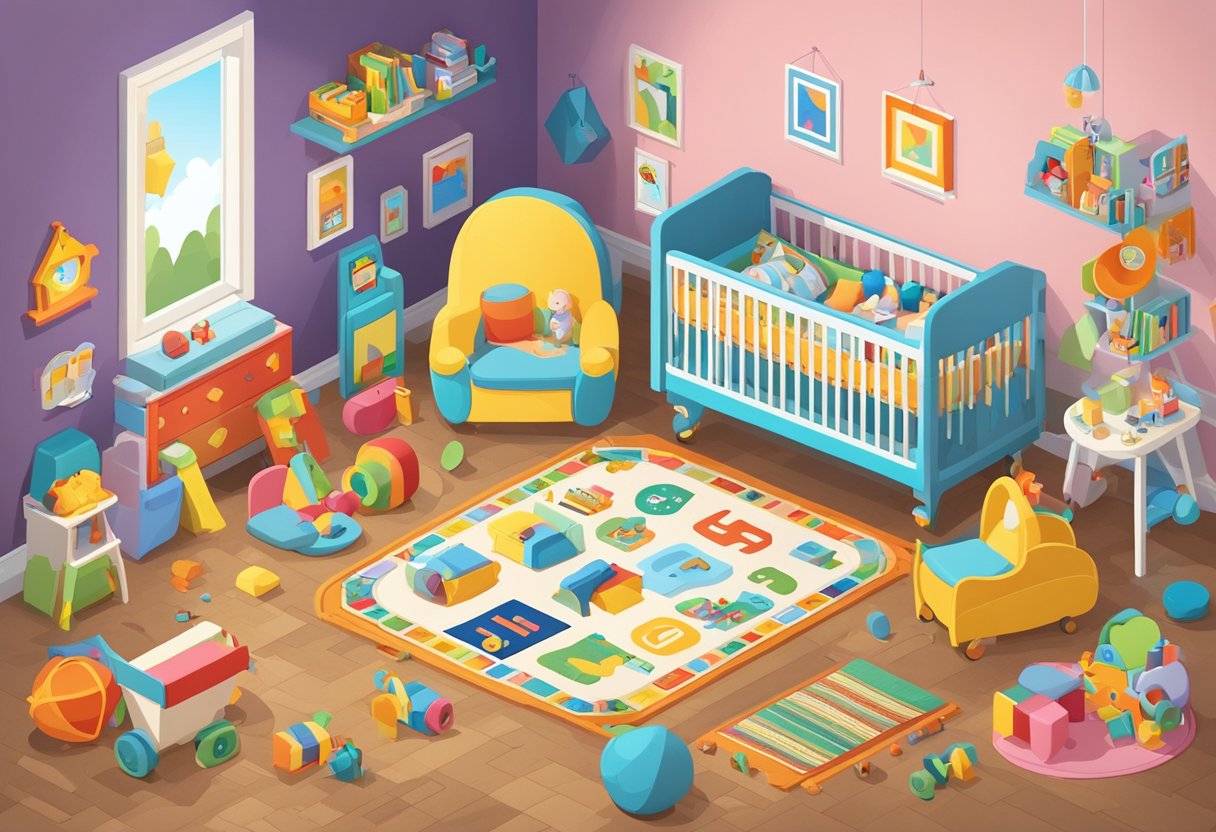 A baby's room with toys scattered on the floor, a crib with a mobile hanging above, and a colorful alphabet rug