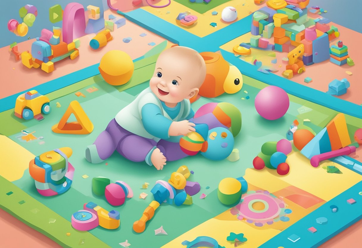 A smiling baby's toys scattered on a soft, colorful playmat with a quote list 76-100 about 9-month-old babies written in playful, bubbly font above the scene
