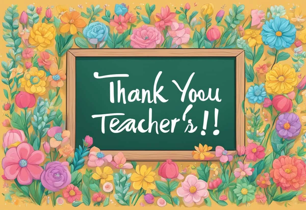 A colorful illustration of a chalkboard with the words "thank you teacher's!!" surrounded by a variety of illustrated flowers.