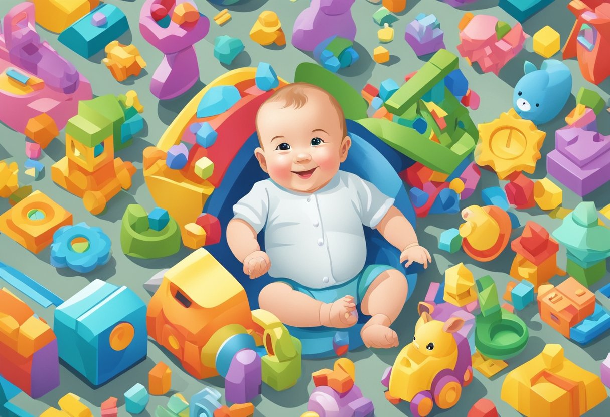 A 5-month-old baby sits surrounded by a variety of toys.