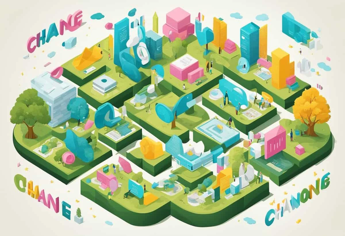 Isometric illustration of a colorful, stylized city layout with various buildings and recreational areas, featuring quotes about change in bold letters.