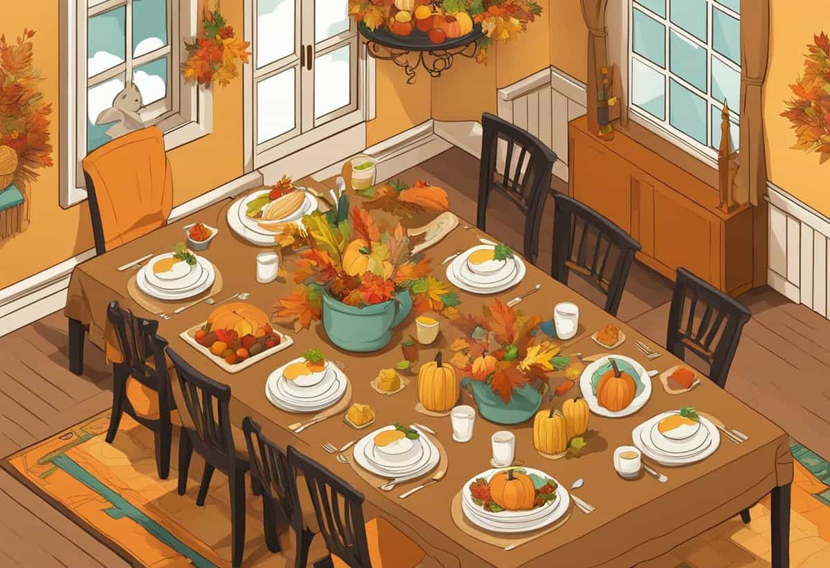 A festive autumn-themed dining room table set for a meal with decorative pumpkins and fall foliage.