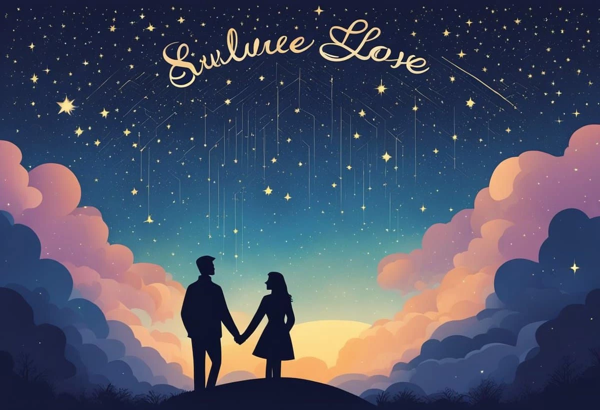 A couple holding hands under a starry sky with the words "endless love" written above them.