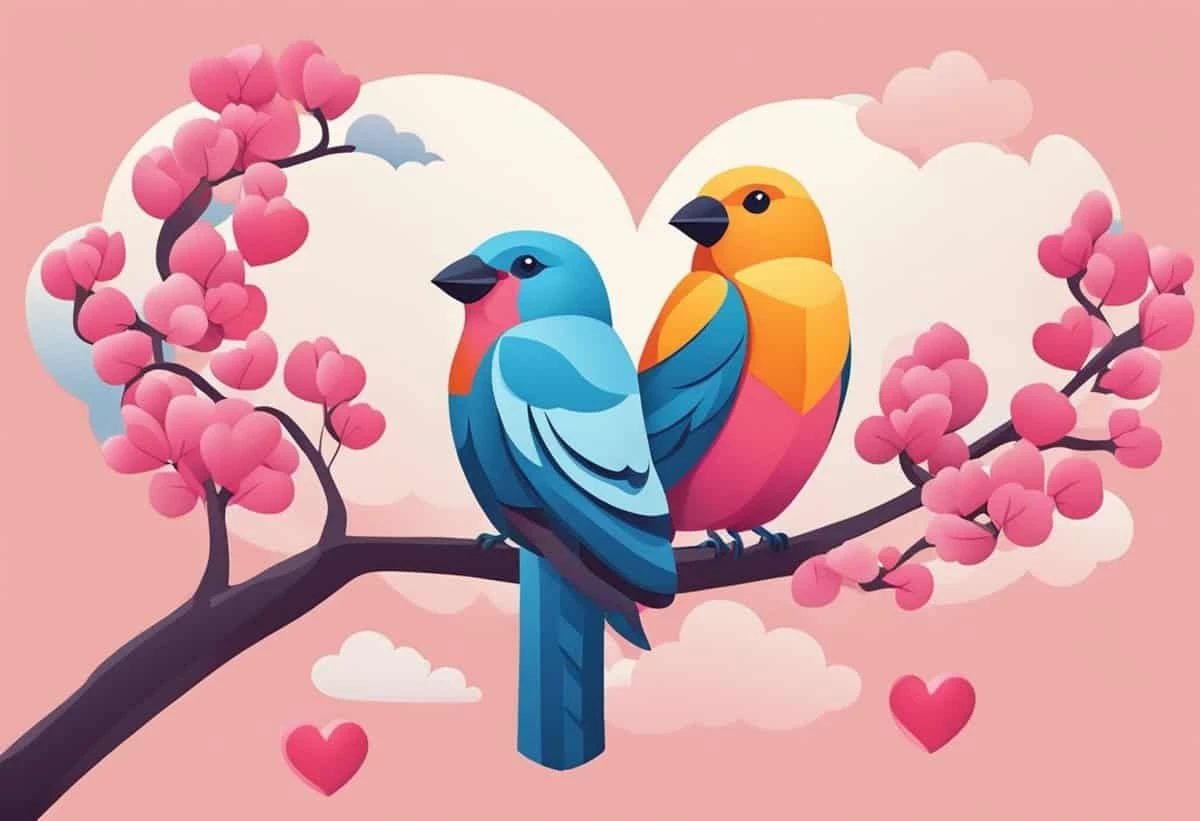 Two stylized birds sitting on a branch with heart-shaped blossoms, forming a heart silhouette in the background.