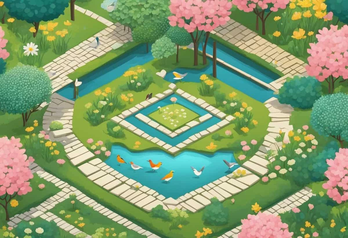 An illustrated serene garden scene with a pond, colorful trees, and birds.