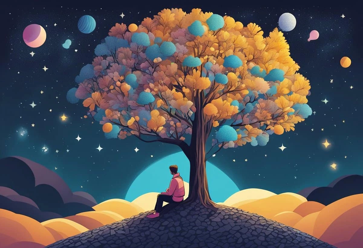 A person sitting under a vibrant tree on a hilltop, gazing at a colorful night sky with multiple moons and stars.