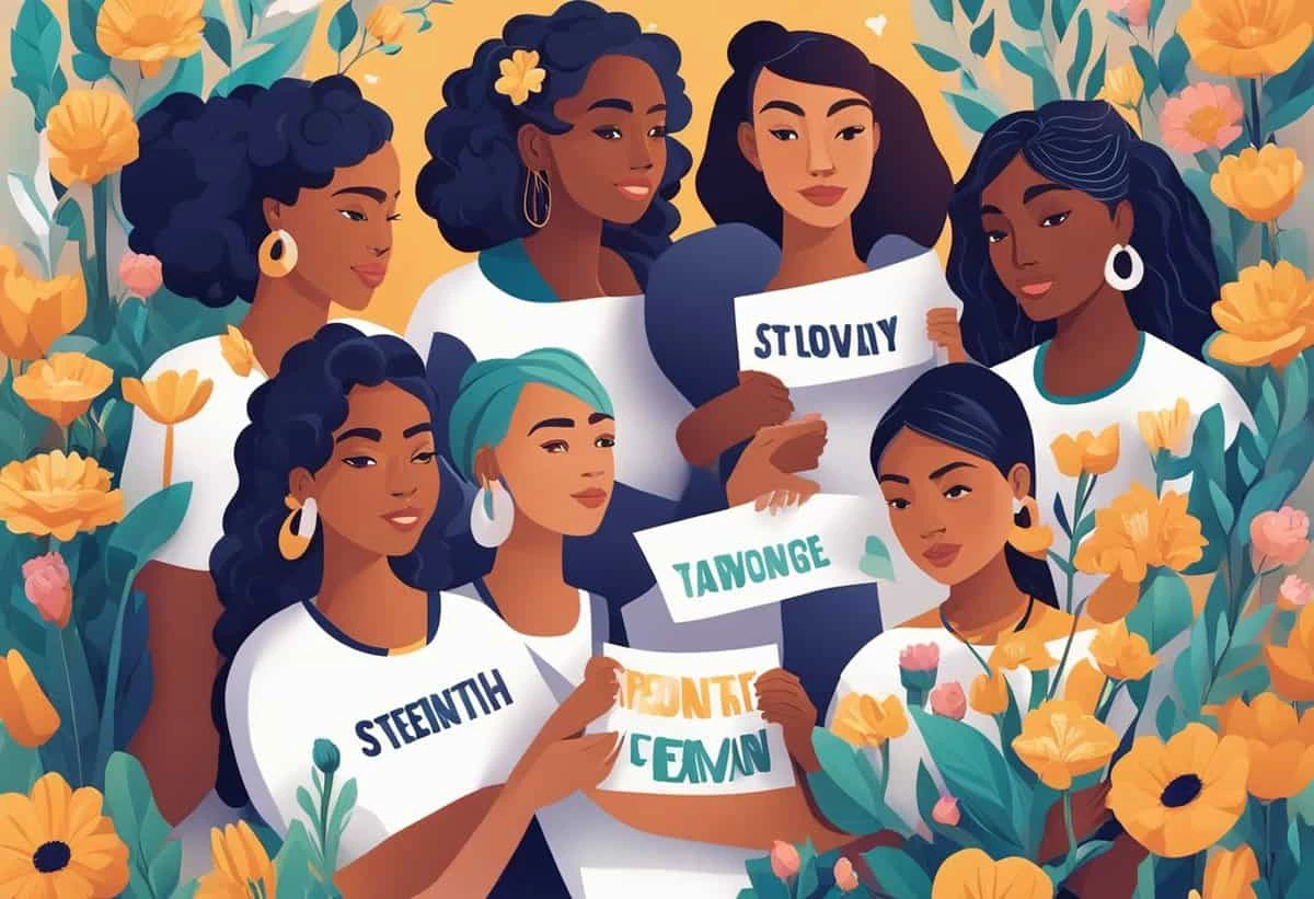 Illustration of a diverse group of women with flowers, holding signs with empowering words.
