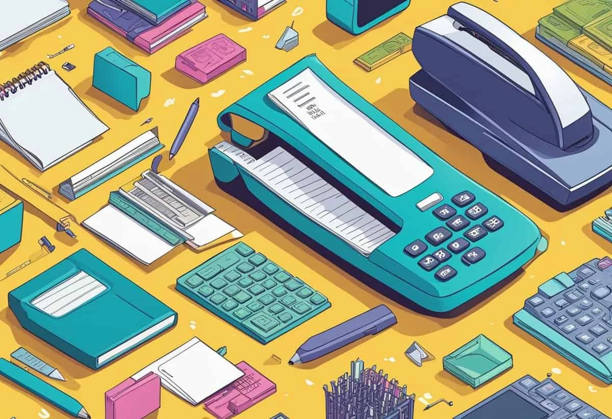 An illustrated office desk scene featuring an adding machine, stapler, pens, and notebooks in a colorful isometric layout.