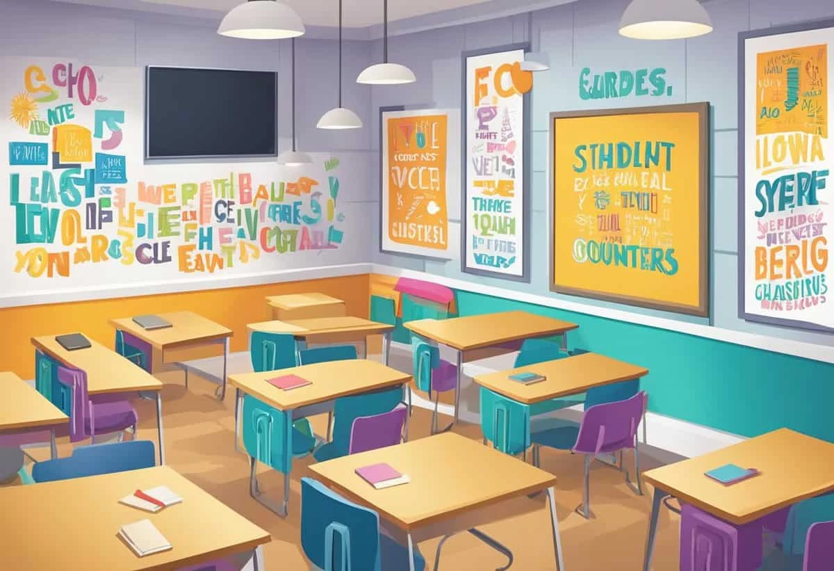 Colorful classroom with desks, educational posters, and motivational quotes for students on the wall.