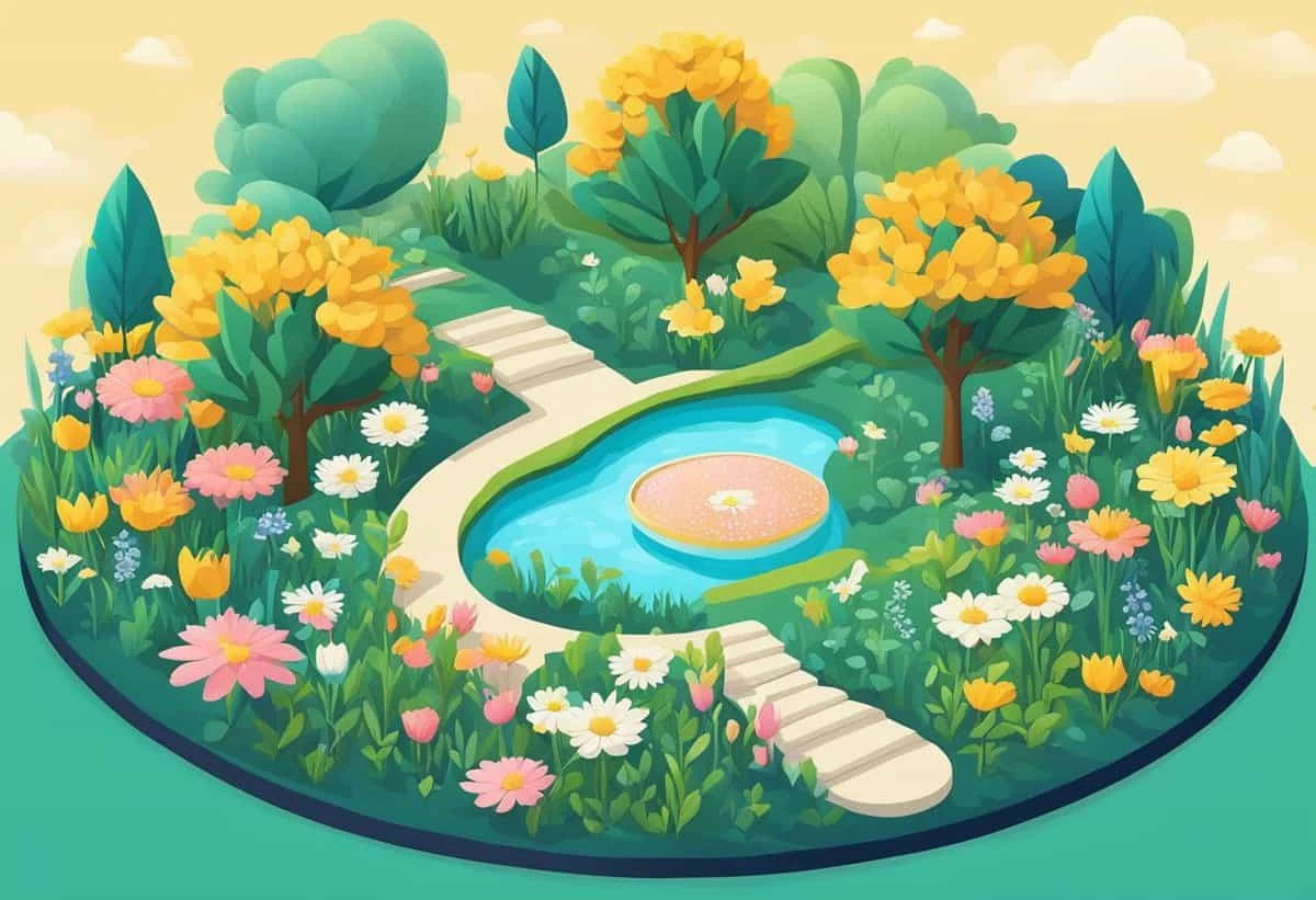 Illustration of a vibrant, colorful garden with a winding path, pond, and blooming flowers.