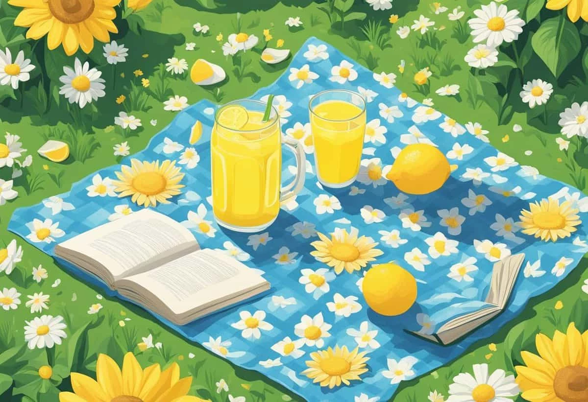 A serene picnic scene with an open book, a pitcher of lemonade, and a glass on a blue cloth surrounded by lush grass and sunflowers.