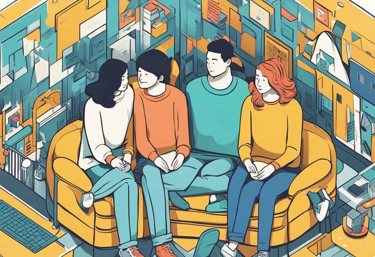 Four friends sitting on a yellow couch in a cozy room surrounded by bookshelves.