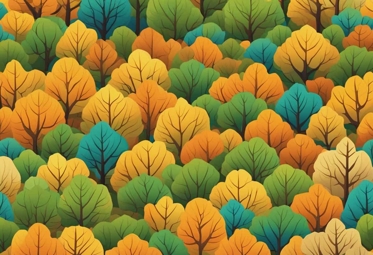 Colorful stylized trees in autumnal hues forming a dense forest pattern.