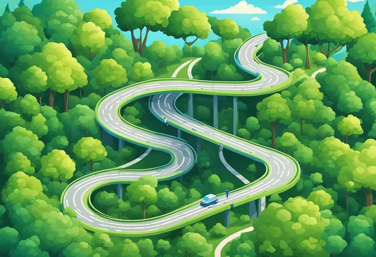 A winding road snakes through a lush green forest with a single car traveling along it.