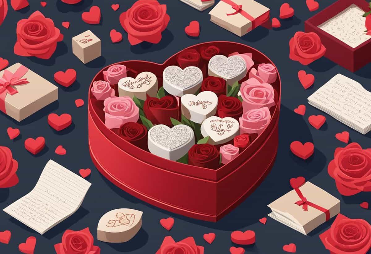 An illustration of a heart-shaped box filled with roses and heart-shaped cookies, accompanied by love letters and gifts, symbolizing romantic gestures.