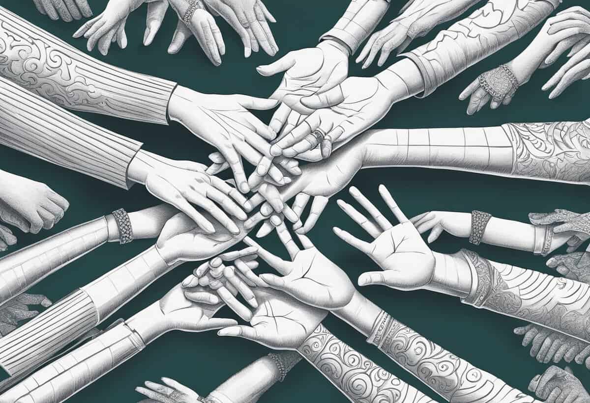 Multiple illustrated hands with diverse patterns coming together in a show of unity or teamwork.