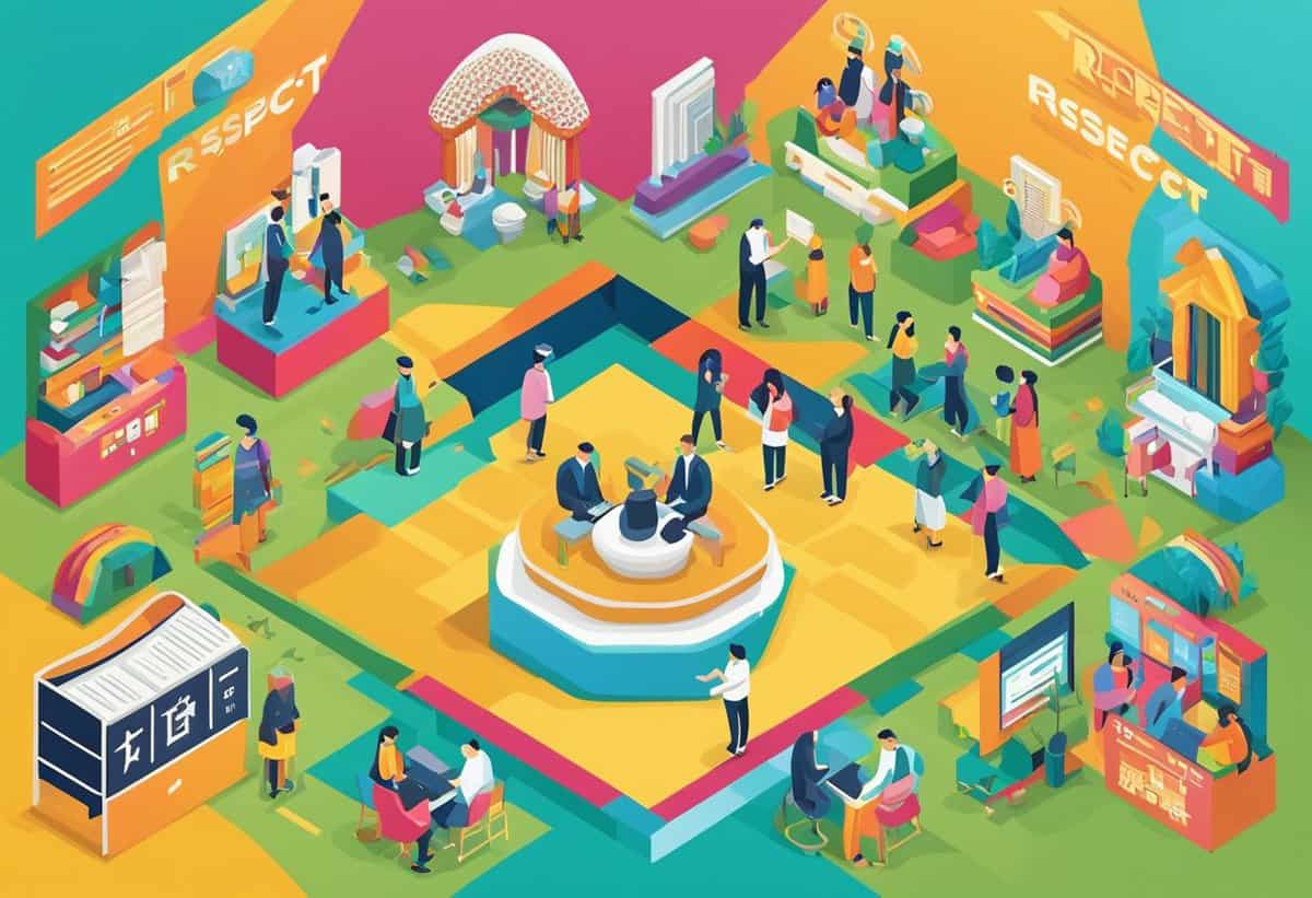 An isometric illustration of a colorful workplace environment highlighting diversity, respect, and collaboration among employees.