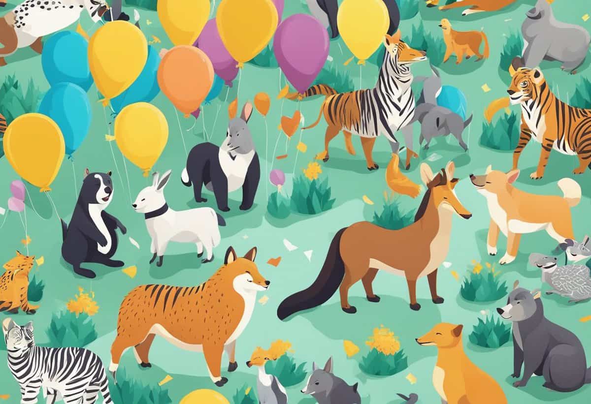Illustration of various stylized animals with colorful balloons on a green background.