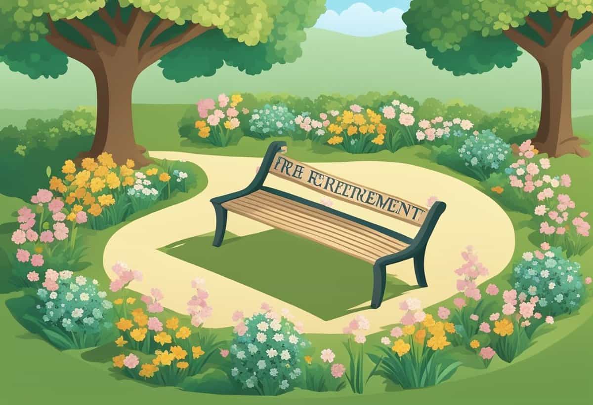 A peaceful park scene with a bench labeled "fire retirement" surrounded by flowering plants and trees.