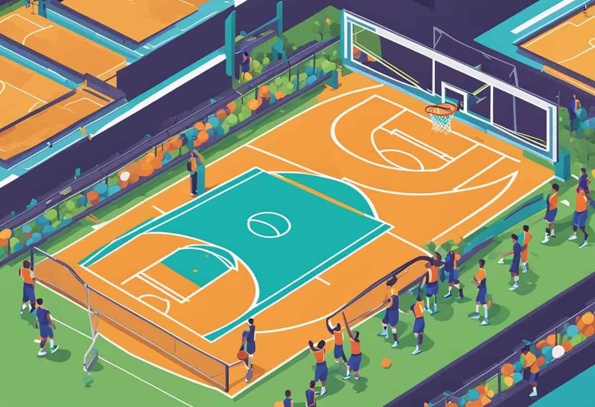 Vibrant illustration of an outdoor basketball court bustling with players engaged in a game.