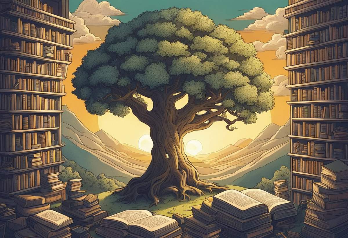 A majestic tree stands at the center of a valley with open books at its base, flanked by towering bookshelves, against a backdrop of mountains and a setting sun.