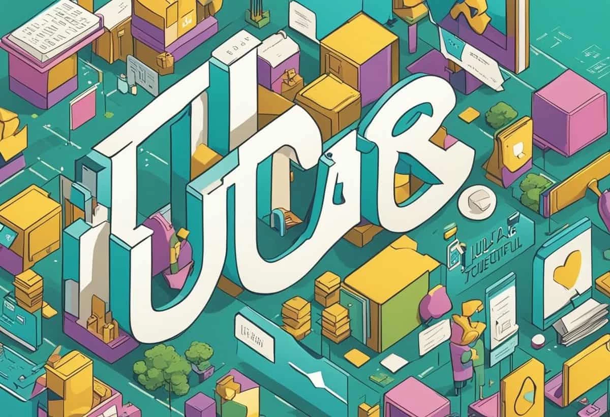 Isometric illustration of a colorful cityscape with the word "job" integrated into the buildings and environment.