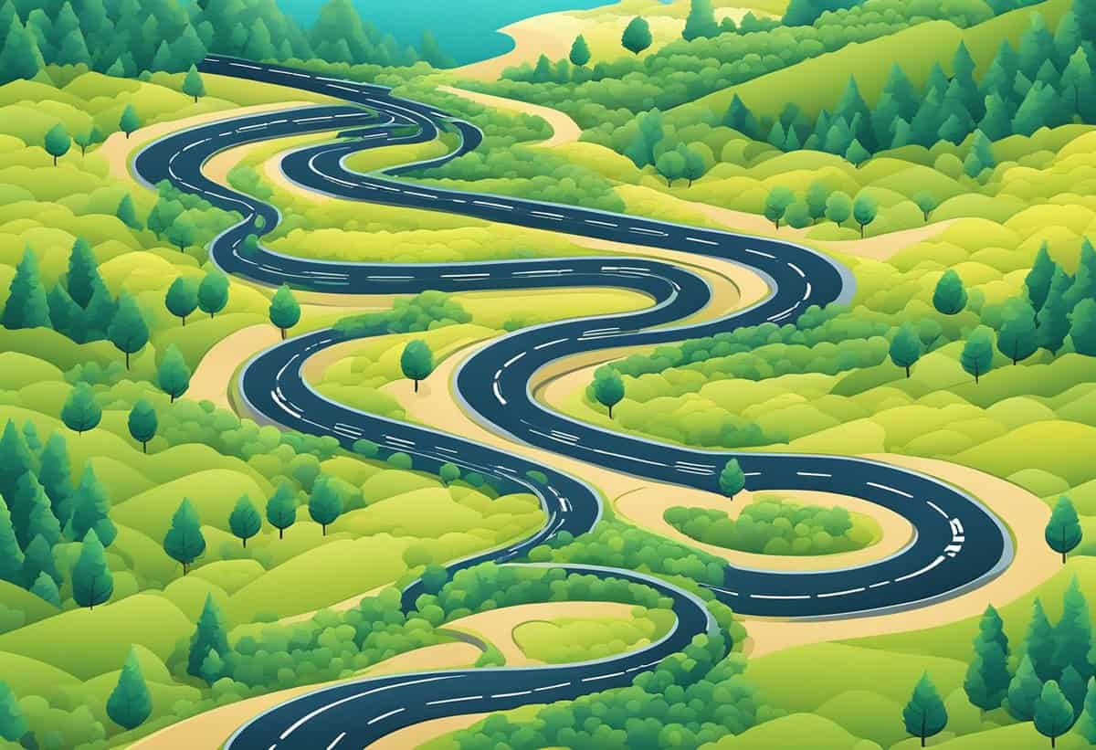A winding road cuts through a vibrant, hilly landscape dotted with trees.