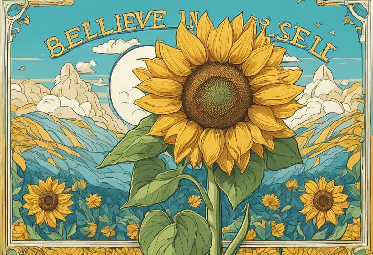 Illustration of a vibrant sunflower with the phrase "believe in yourself" integrated into the design, set against a backdrop of a sky and additional sunflowers.