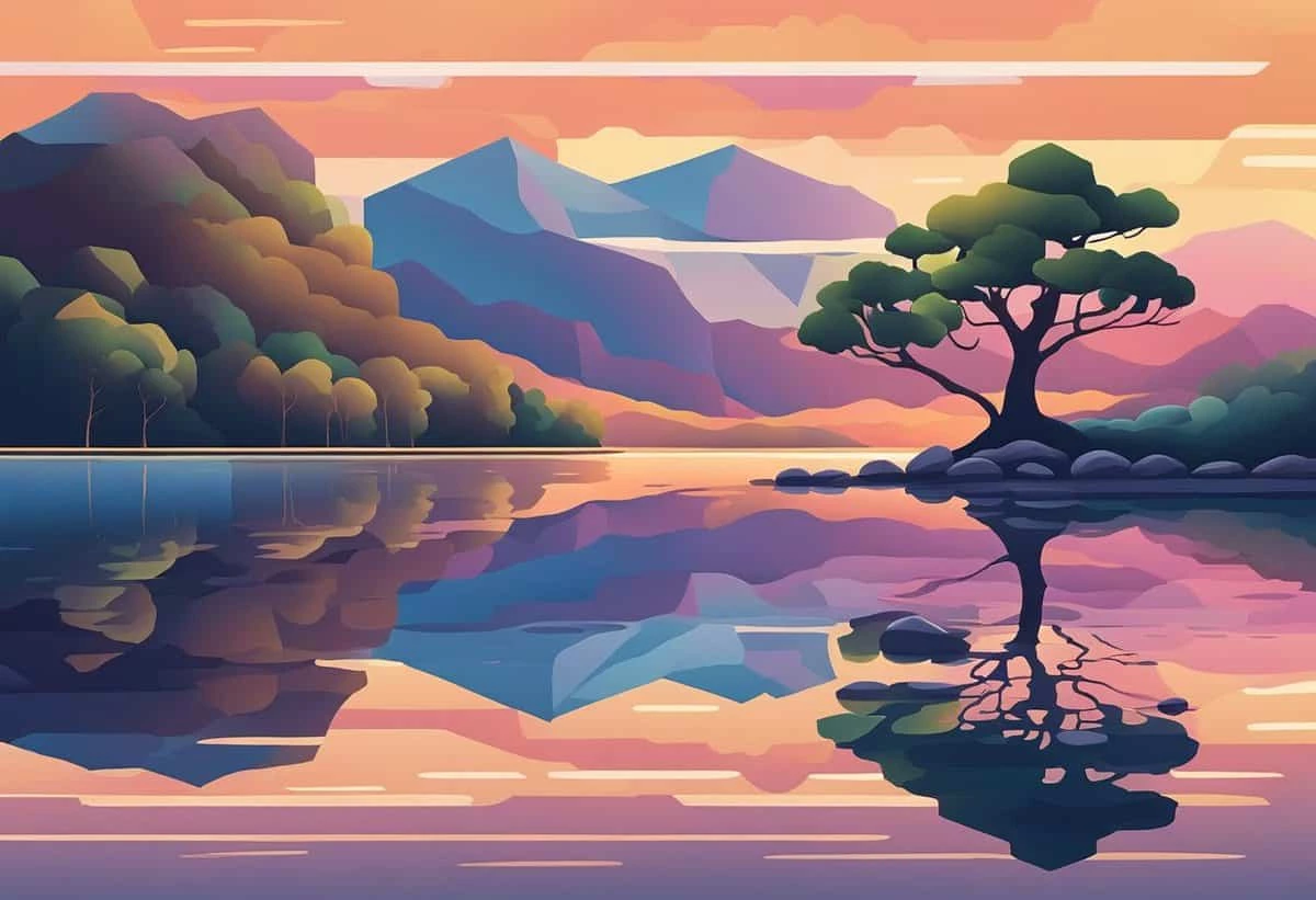 A digital art representation of a serene landscape featuring a lone tree by a still lake, with layered purple mountains and sunset hues in the background.