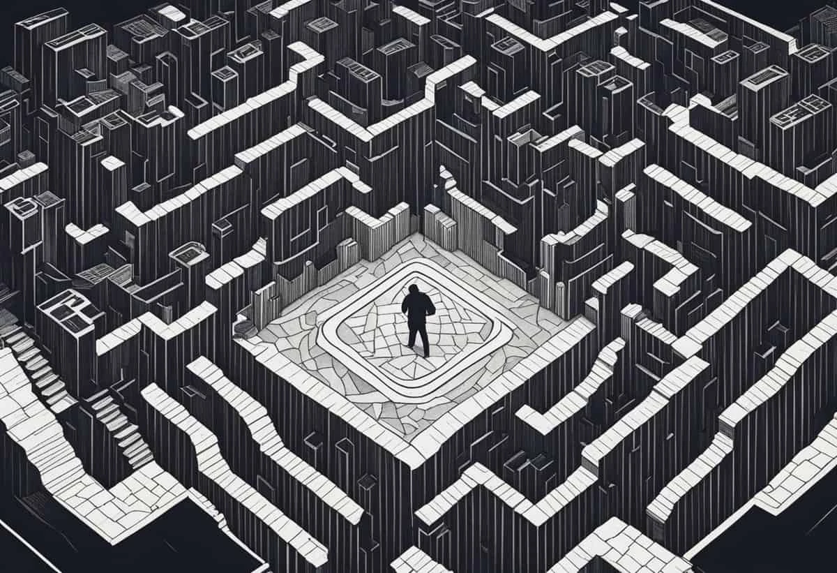 A person stands at the center of a complex, maze-like cityscape rendered in black and white.