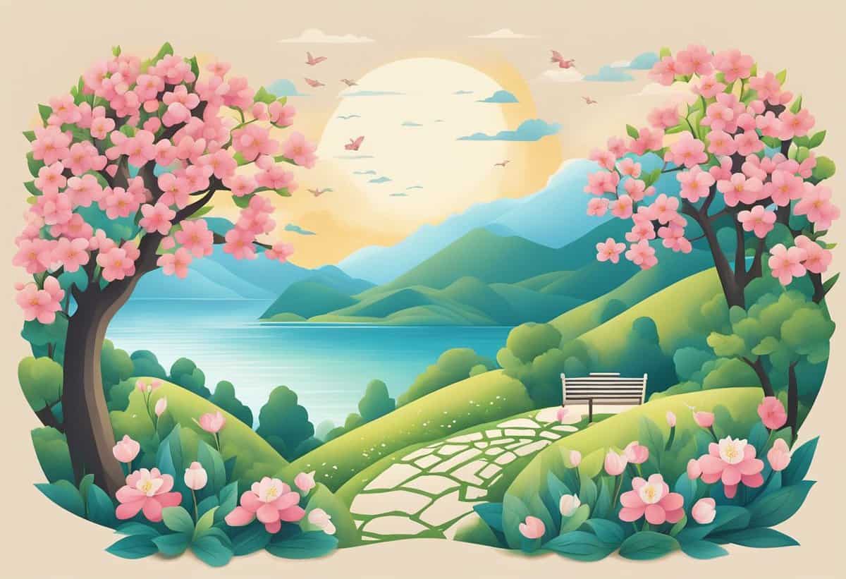Pastel-toned illustration of a tranquil landscape with blooming pink trees, a cobblestone path, and a serene lake at sunset.