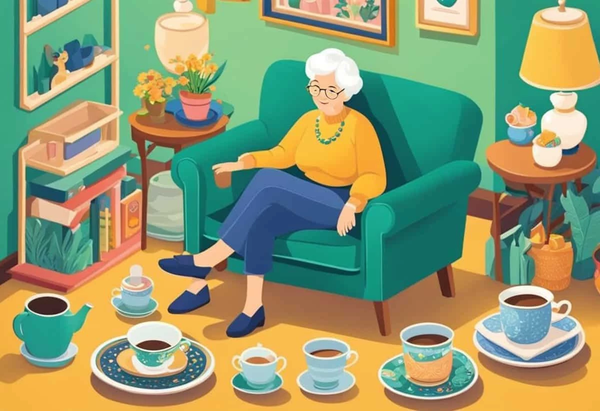 Illustration of a smiling elderly woman sitting in an armchair surrounded by numerous cups of tea.