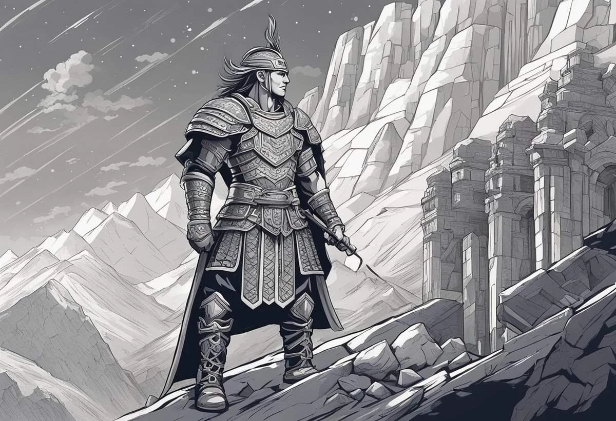A digital black and white illustration of an armored warrior standing beside ancient ruins with mountains in the background.