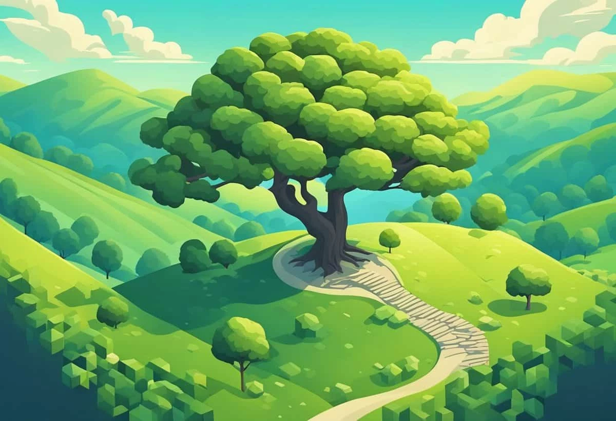 Stylized illustration of a single large tree on a green hill with a path and rolling hills in the background.